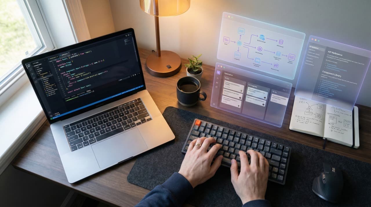 Developer workspace with AI context panels showing code, architecture diagrams, and productivity tools for streamlined development workflow