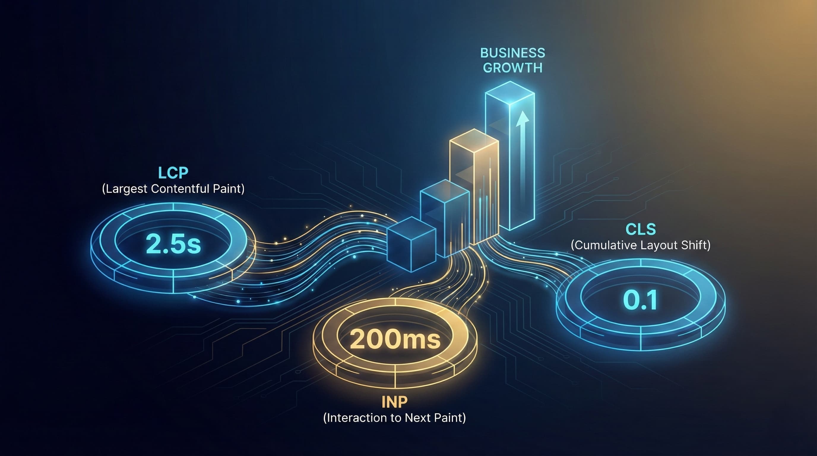 Professional infographic showing the ROI journey of technical SEO: from Core Web Vitals optimization through improved rankings to 825% revenue growth, with data visualizations of conversion metrics and business KPIs